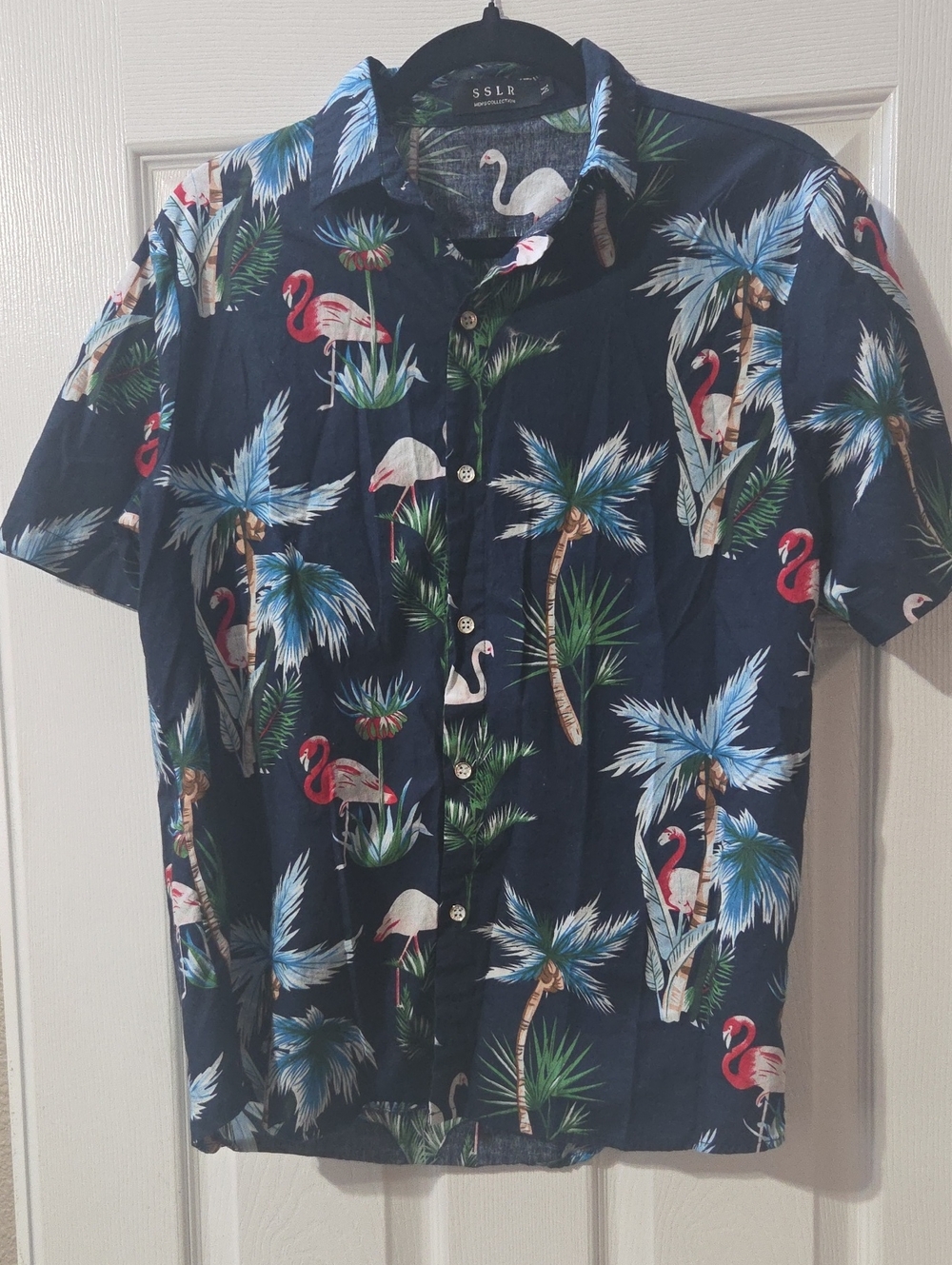 SSLR Navy Flamingo Print Short Sleeve Button-Down Shirt